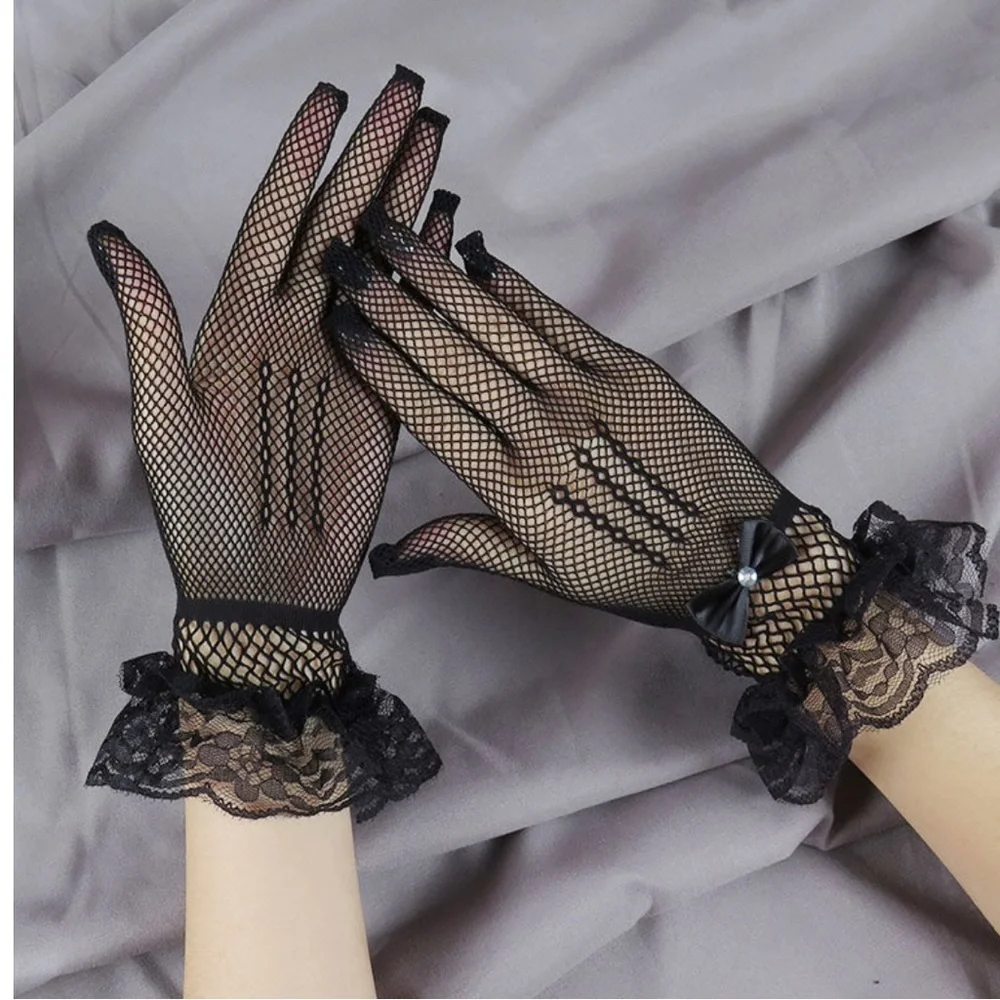 Short party wedding event women’s lacrosse gloves with a bow and lace
